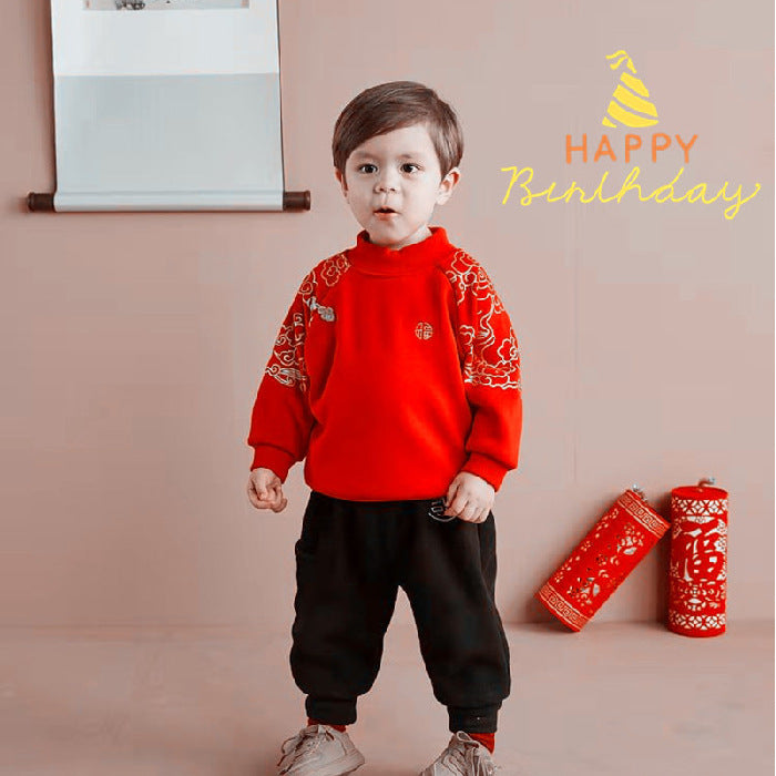 Z25010110寶寶衛衣加絨兒童冬季新年上衣女童紅色喜慶過年服嬰兒加厚上衣潮