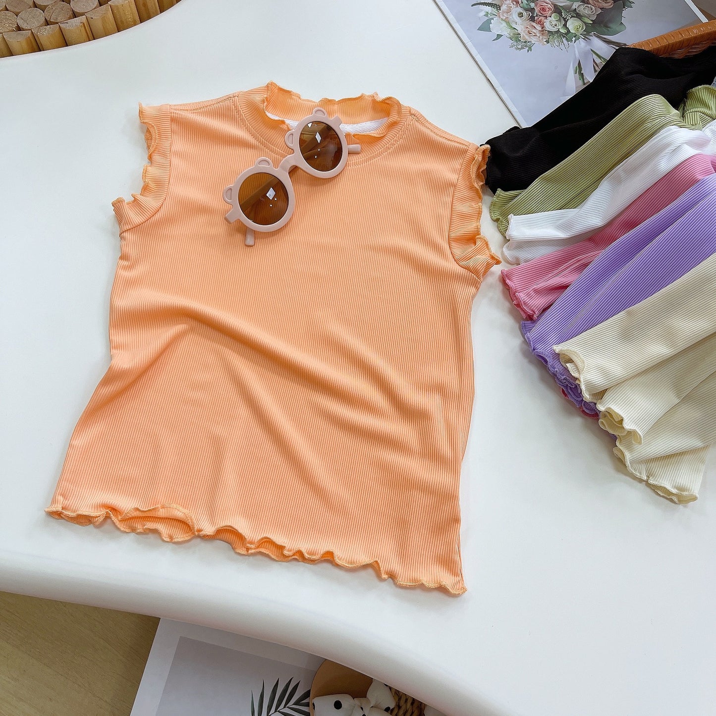 CA25052105冰絲女童夏裝蕾絲T恤兒童韓版百搭背心小童輕薄透氣無袖上衣寶寶