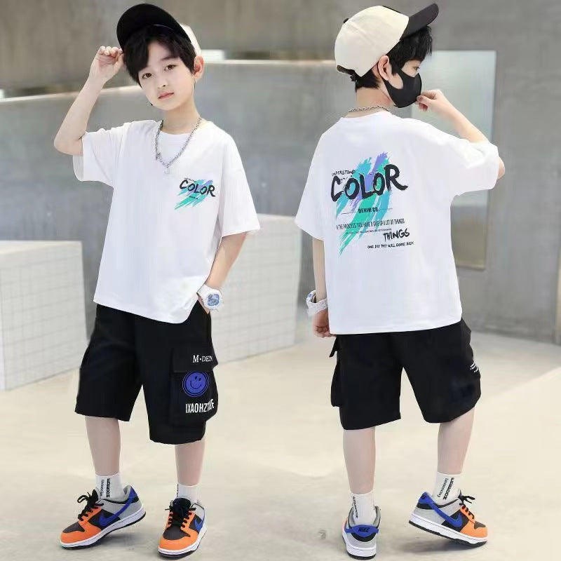 FG25053006男童夏季套裝2025年新兒童夏裝短袖中大童痞帥男孩韓式拼色衣潮