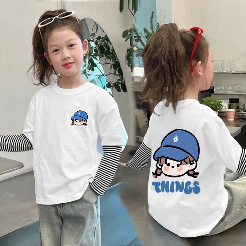 CE25091902女童純棉長袖T恤兒童假兩件條紋上衣春秋裝新款小孩洋氣打底衫