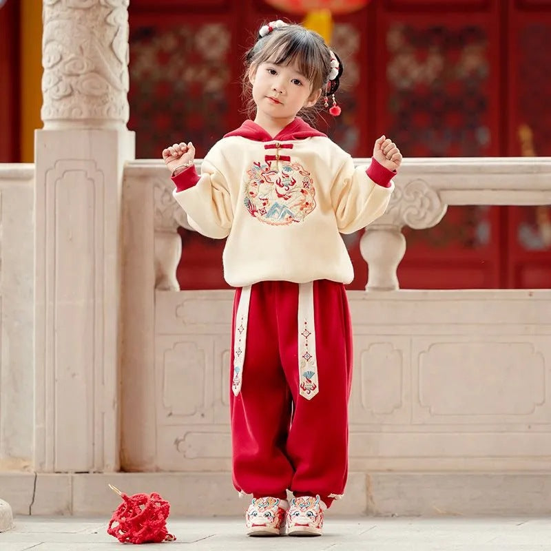 Z24110118兒童拜年服套裝男童秋冬漢服新年服寶寶唐裝過年紅色衛衣兩件套