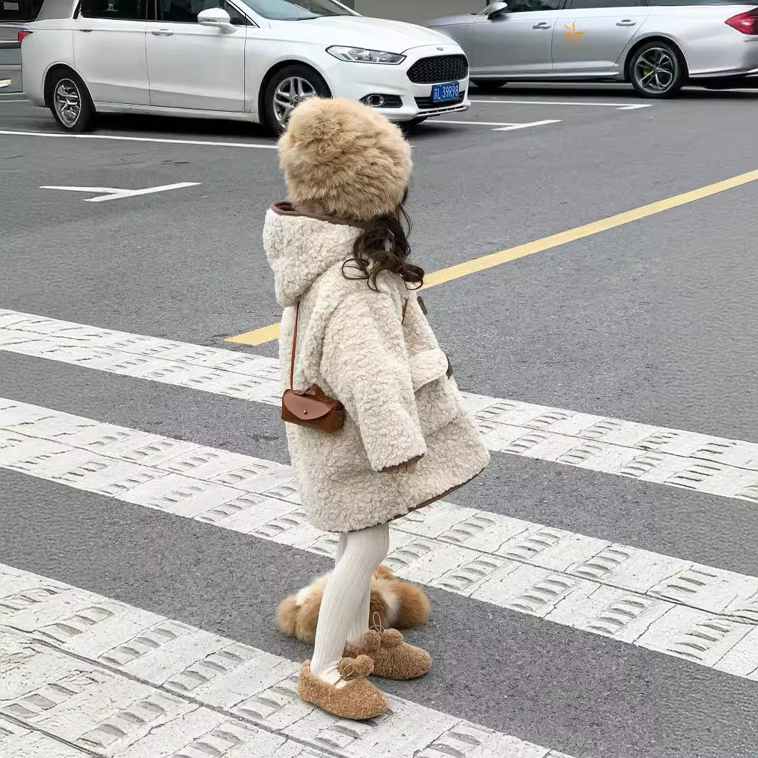 CG25103016童裝冬裝軟糯親膚男女加厚雙面羊絨皮扣連帽中長款保暖大衣裙子