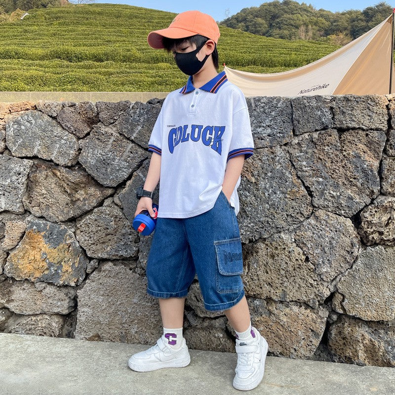 F23050215男童夏裝短袖套裝2023新款韓版休閒POLO衫-中大童