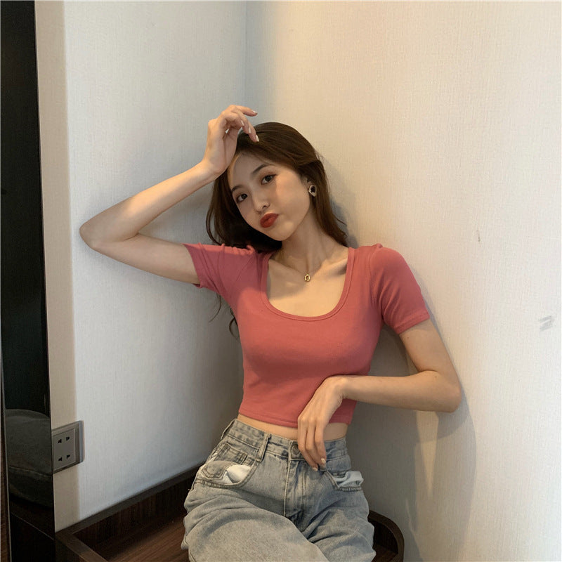 Z24070205夏季短袖T恤女韓版修身露臍短款T恤女裝批發外貿