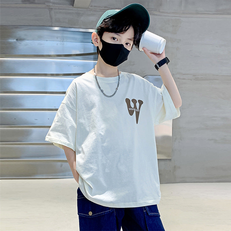 Z25030413男童短袖純棉t恤新款夏季字母洋氣寬鬆半袖t韓版男孩上衣兒童裝