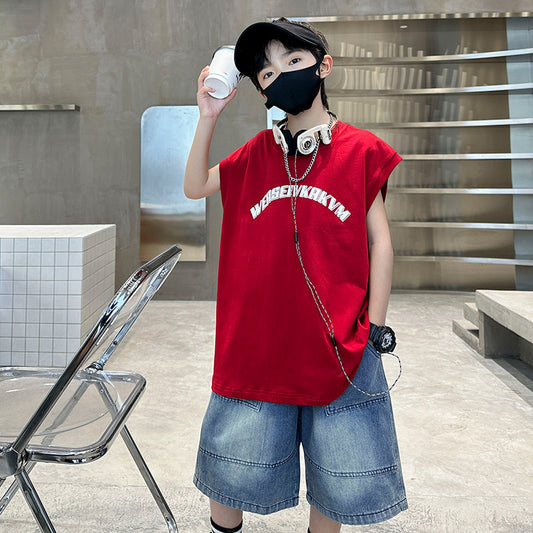 🎈精品童裝🎈FH25062703童裝男童夏季紅色背心套裝中大童男孩休閒T卹坎肩兩件套