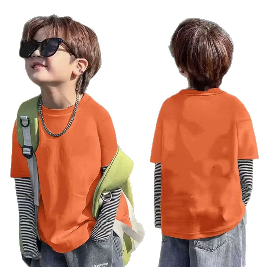 CE25091905男童春秋韓版裁切假兩件長袖T恤男孩休閒極簡風韓系純棉打底上衣T