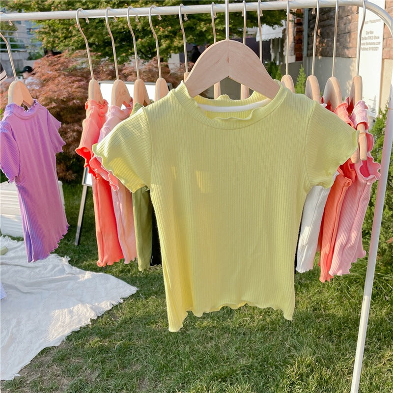 CA23072711新款韓範童裝女童夏季木耳捲邊短袖T恤女寶寶糖果色背心