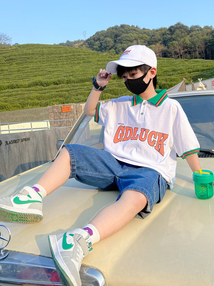F23050215男童夏裝短袖套裝2023新款韓版休閒POLO衫-中大童