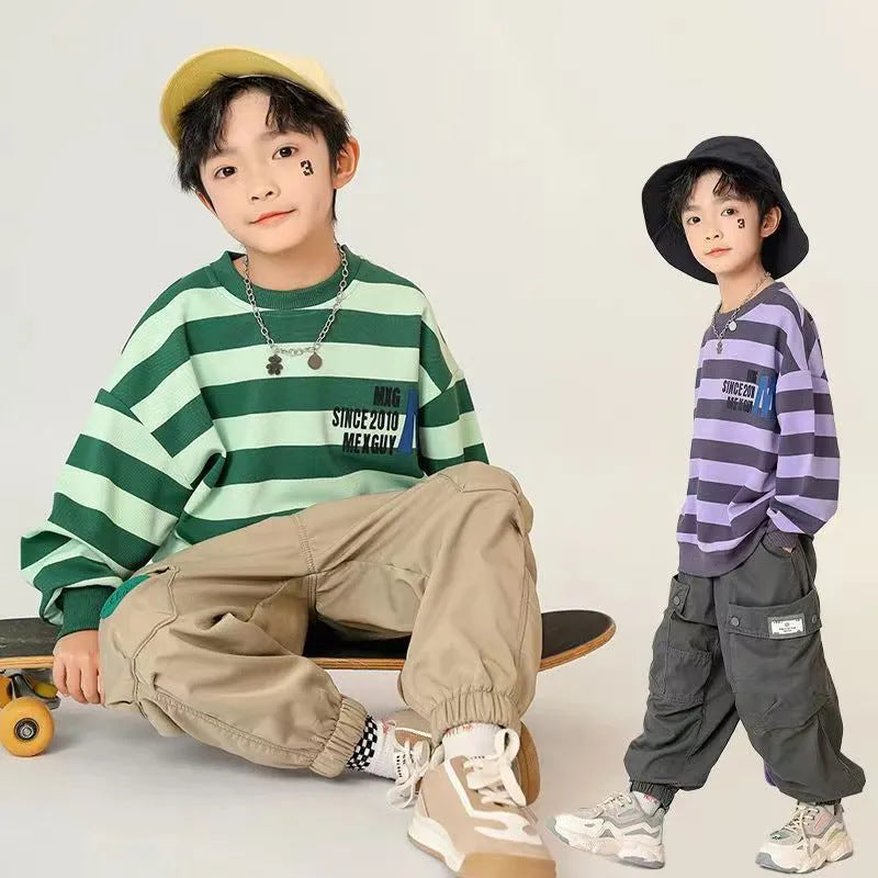 FB23081721男童衛衣秋裝2023新款韓版兒童春季條紋大童上衣春秋款網紅童裝潮