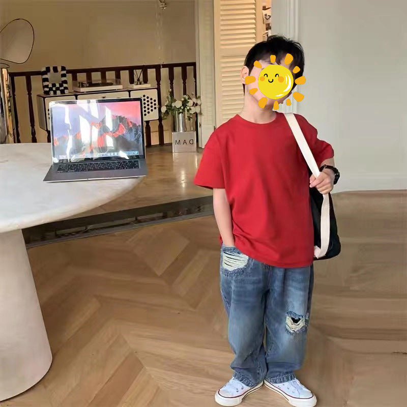 Z25030409含棉純色童裝男女短袖t恤衫夏季幼稚園班服兒童寶寶半袖上衣批發