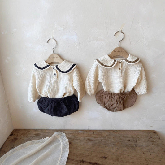 GF25081516  韓國版嬰幼兒翻領上衣+麵包褲套裝ins男女新生兒海軍領純棉休閒套裝