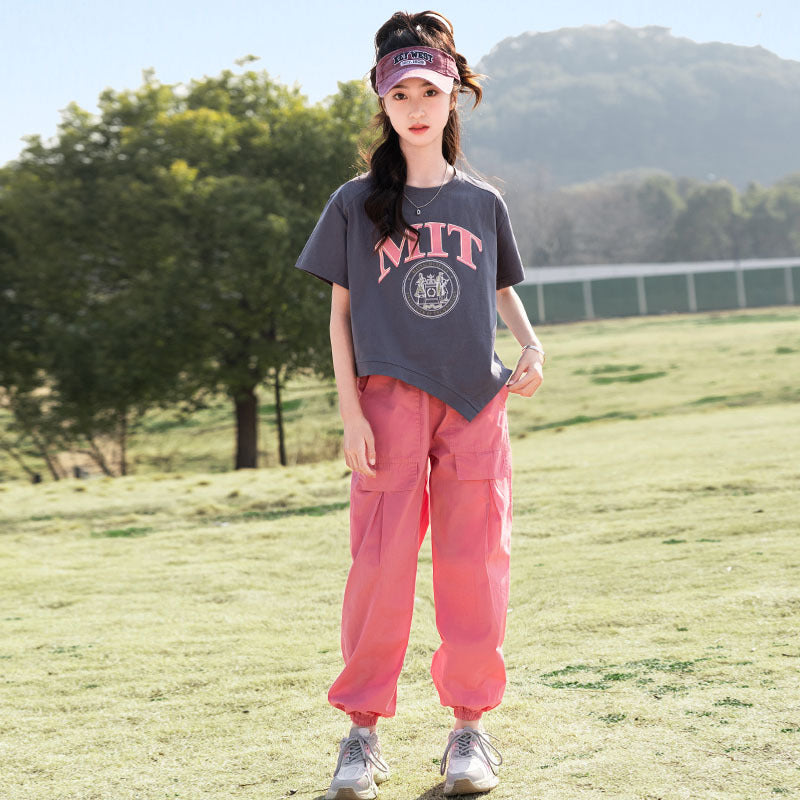 FE24070101夏季中大童短袖工裝褲套裝運動風雙色任選套頭衫兩件套批發(9-12天到貨)