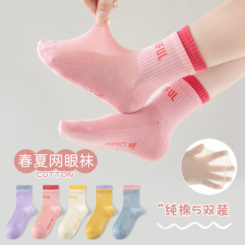 GI25073105女童襪春夏薄棉襪高橡實雙羅口潮襪網眼中大童運動中筒