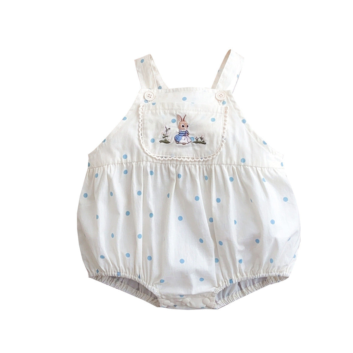 GH25070711女寶寶夏季薄款哈衣ins小兔爬服a類親膚送帽子嬰兒波點吊帶包屁衣(熱銷商品—庫存不多僅上架批發2周)