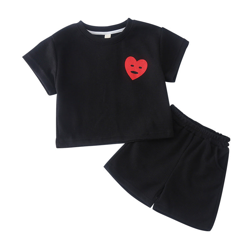 Z25020917兒童運動套裝華夫格夏季男童2025新款女童休閒小寶寶短袖夏裝