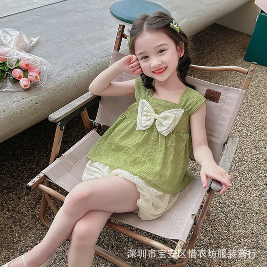 A25072307女童夏季背心套裝女孩韓版休閒可愛淑女裝夏裝新款薄款兩件套