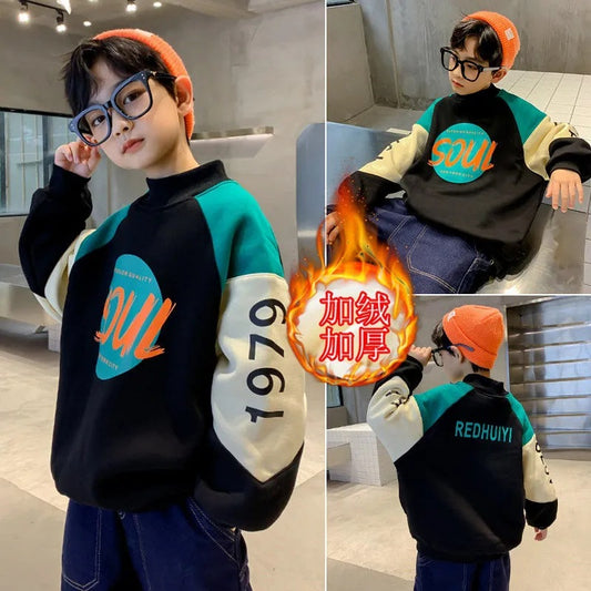 Z25010104男童加絨加厚衛衣新款秋冬裝中大童男上衣帥氣冬男孩潮服