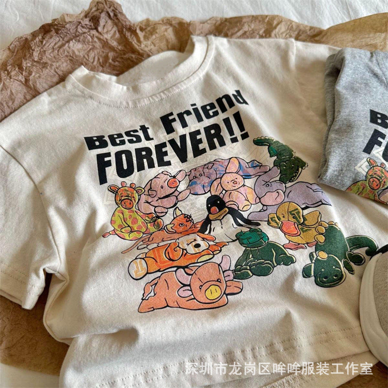 Z25030929爆款!夏季100%純棉吸汗兒童短袖男童女童卡通半袖上衣中小寶T恤