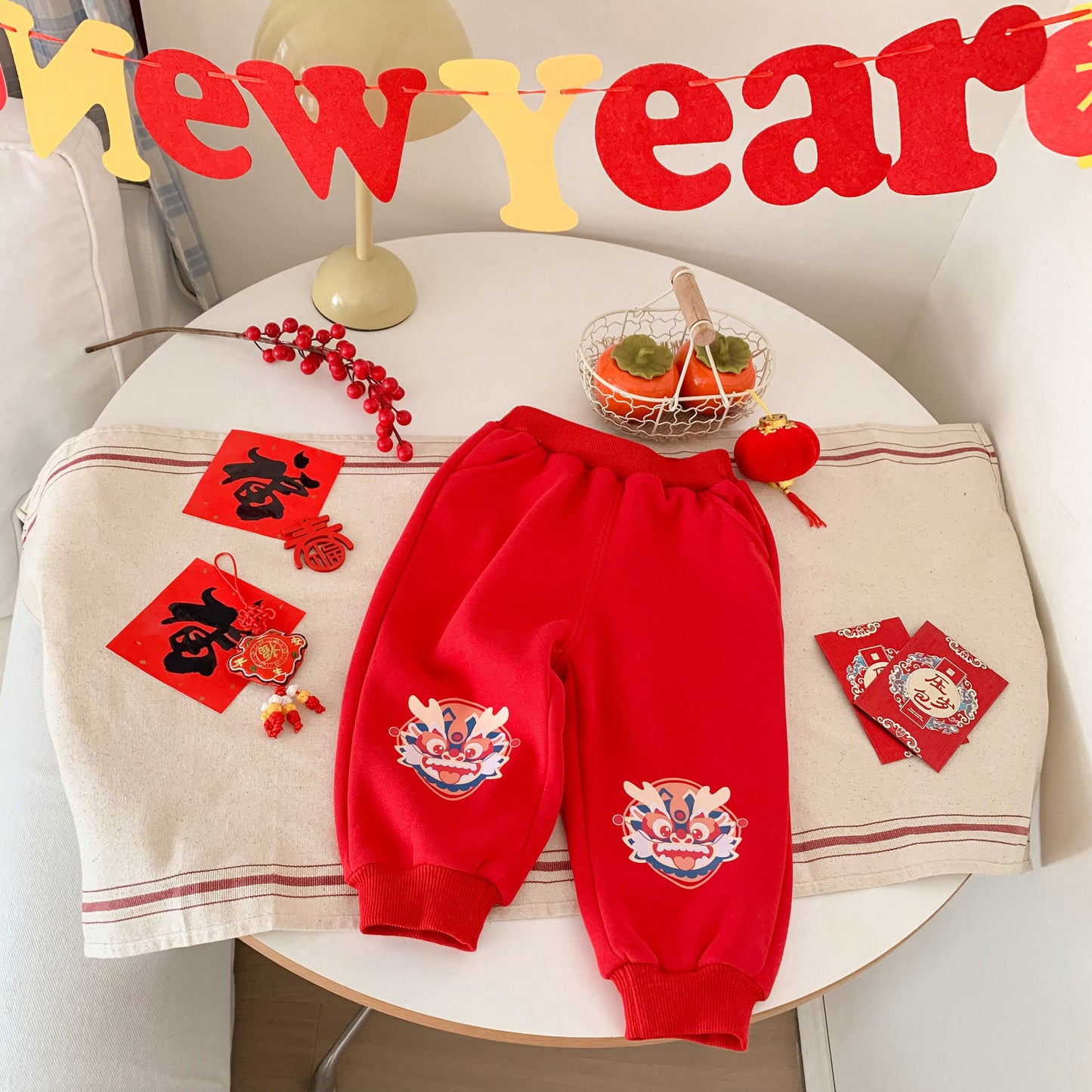 CA24011807秋冬季龍年拜年兒童加絨褲卡通休閒男女褲子外穿保暖寶寶睡褲裝