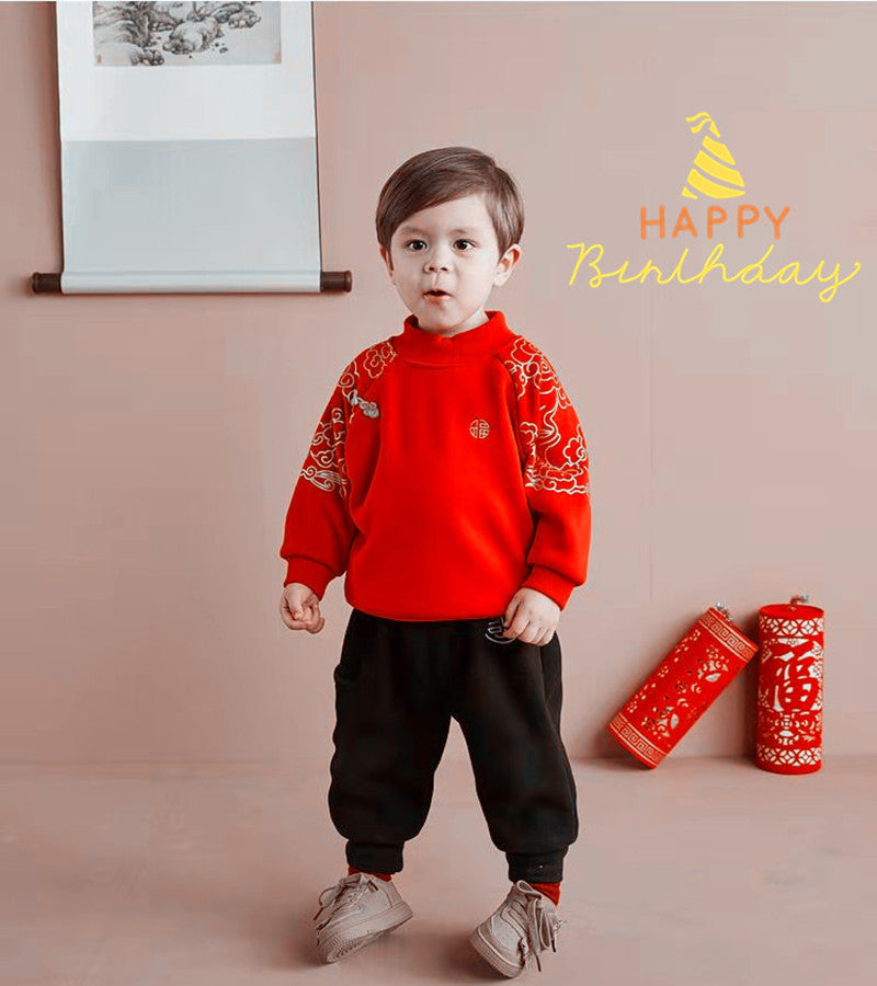 Z25010110寶寶衛衣加絨兒童冬季新年上衣女童紅色喜慶過年服嬰兒加厚上衣潮