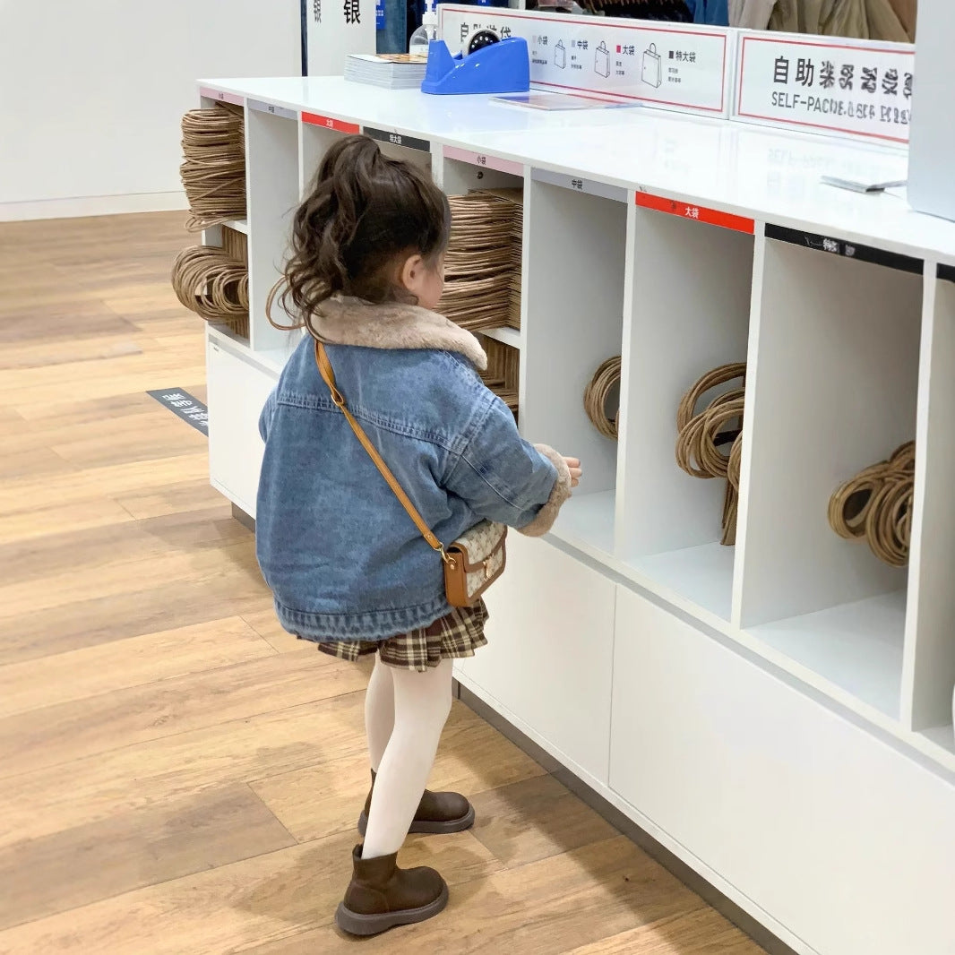 CG25103014兒童加絨外套秋冬裝男女童韓版灰兔毛內裡保暖加厚牛仔外套