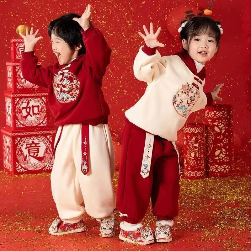 Z24110118兒童拜年服套裝男童秋冬漢服新年服寶寶唐裝過年紅色衛衣兩件套