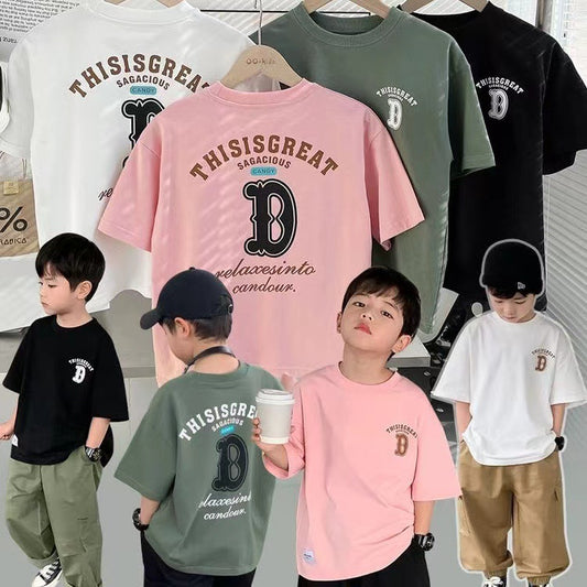 Z25030917男女寶寶洋氣純棉短袖T恤字母印花夏季中大童洋氣寬鬆百搭上衣服t