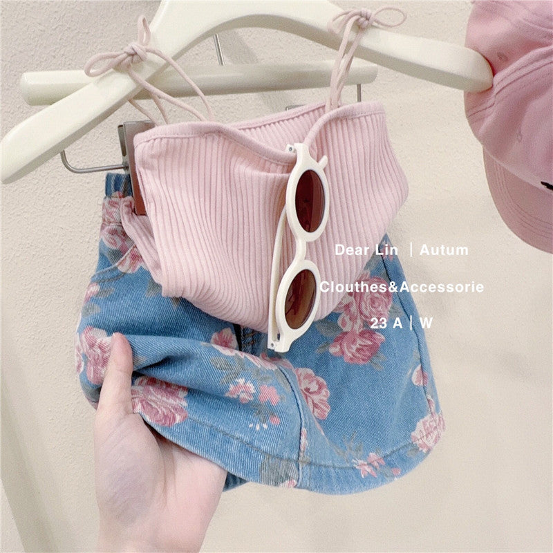 C23042519新款韓國童裝夏季女寶寶吊帶衫牛仔裙