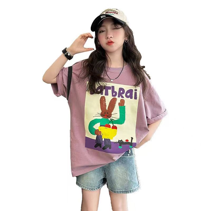 FG25053008女童短袖t恤夏季2025新款兒童上衣女孩T卹中大童夏裝體恤寬鬆