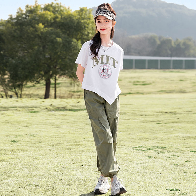 FE24070101夏季中大童短袖工裝褲套裝運動風雙色任選套頭衫兩件套批發(9-12天到貨)