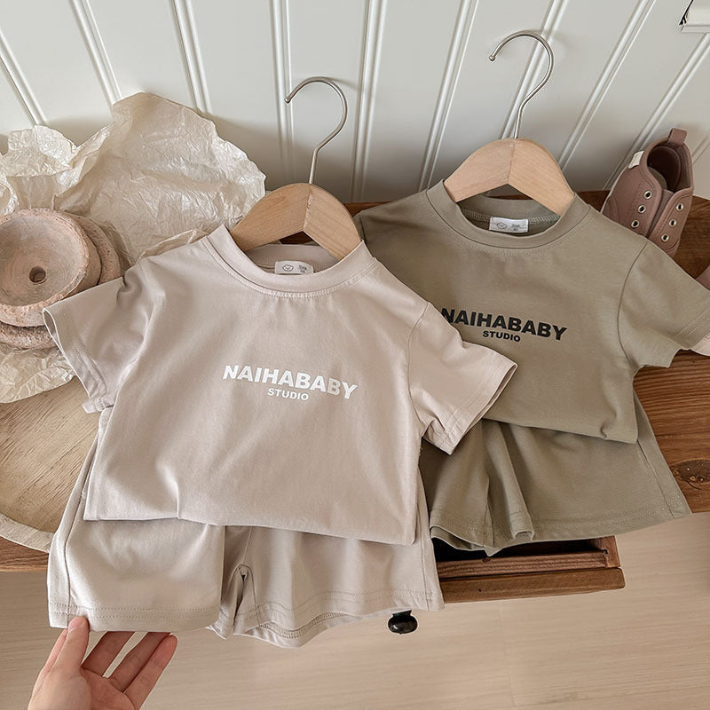 J24022903童套裝2024夏款男童女童寬鬆休閒舒服韓版印花字母兄妹裝運動套裝