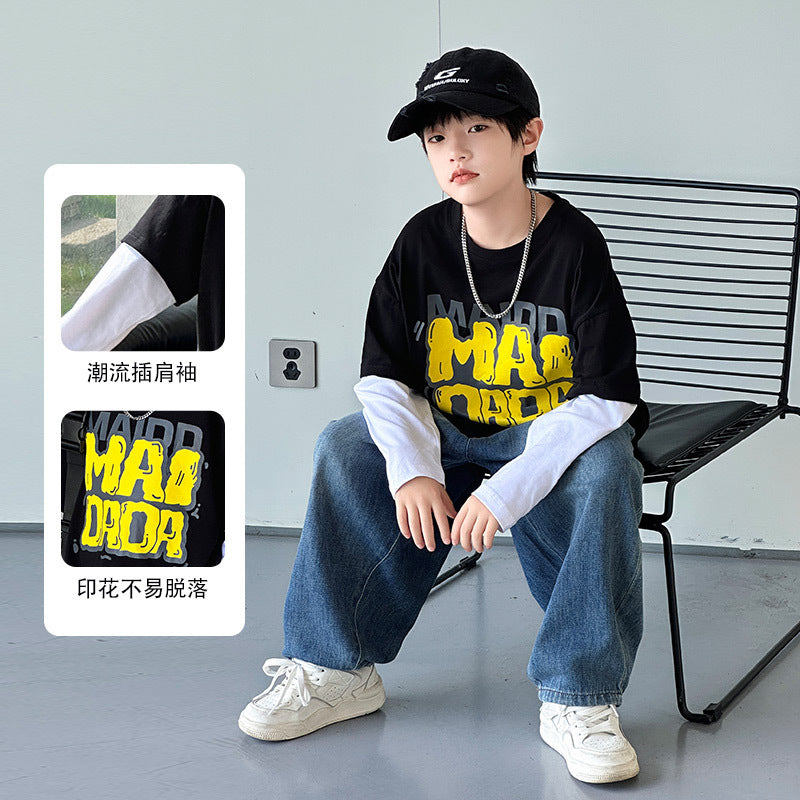 FF24102510新品創意袖假兩件兒童秋裝純棉上衣童裝男童長袖t恤(9-12天到貨)