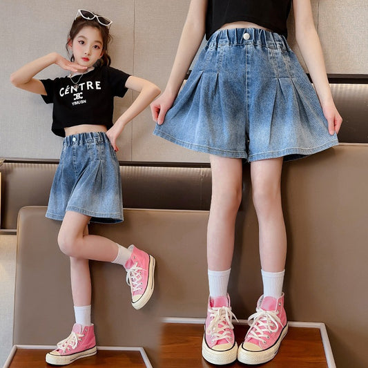 Z25033117女童漸變色短褲夏季韓版洋氣外穿兒童牛仔褲裙褲女大童寬鬆休閒褲