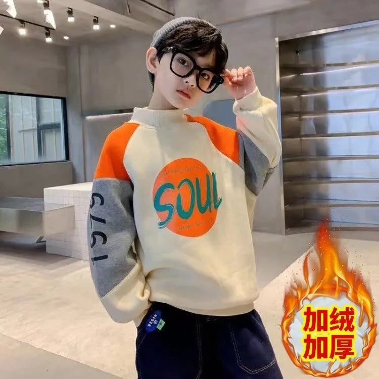 FB23100522男孩加絨加厚衛衣2023新款秋冬裝中大兒童男上衣帥氣冬男孩潮服