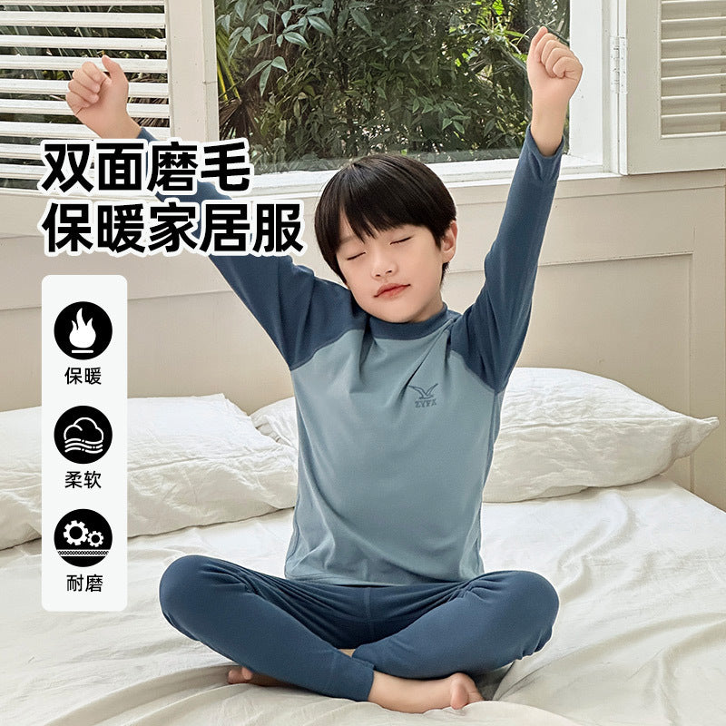 FF24102515色拼毛德絨兒童秋衣秋褲保暖內衣套裝秋冬家居服男童睡衣(9-12天到貨)