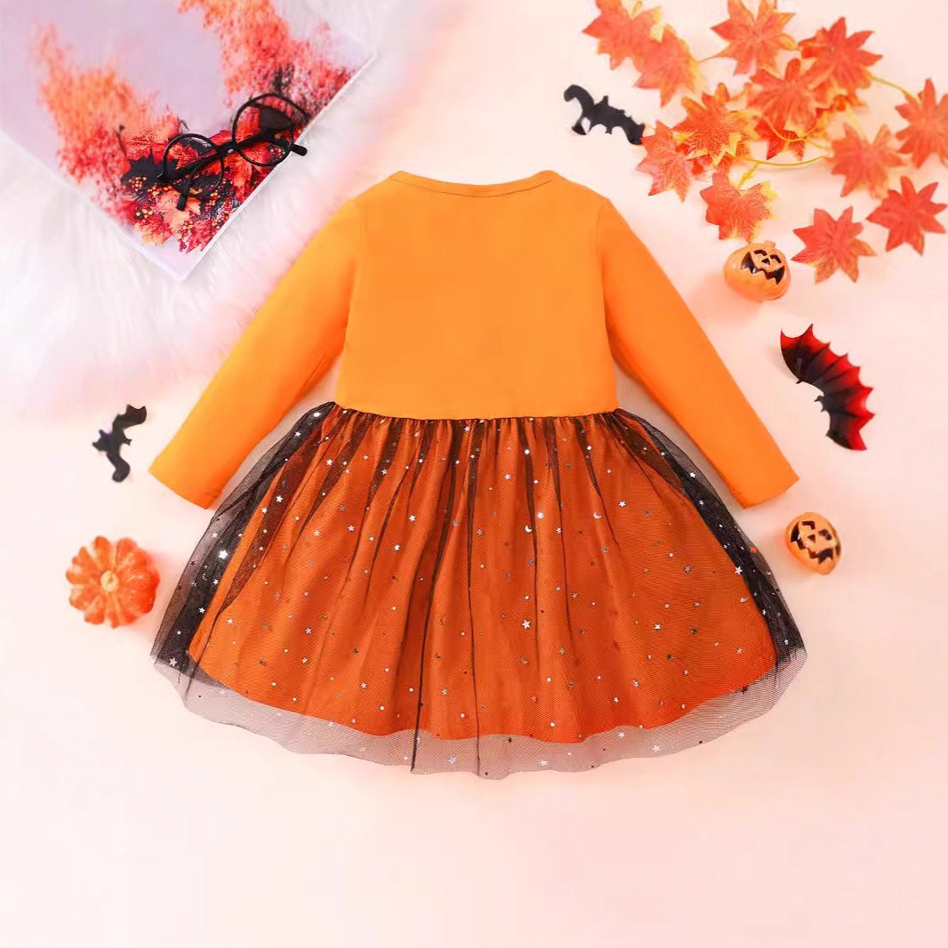 Z25091122外貿邊境萬聖節cosplay中小女童裝秋款長袖蝙蝠衫網紗裙裙擺