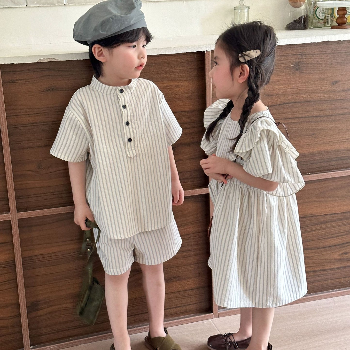 Z25020901兒童夏季套裝男童短袖條紋-新款夏裝寶寶純棉女童女童兄妹裝