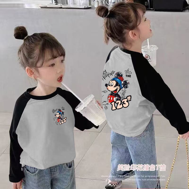 CE25091901女童長袖t卹春秋裝新款兒童撞色卡通洋氣女孩中大童打底上衣