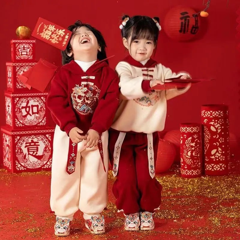 Z24110118兒童拜年服套裝男童秋冬漢服新年服寶寶唐裝過年紅色衛衣兩件套