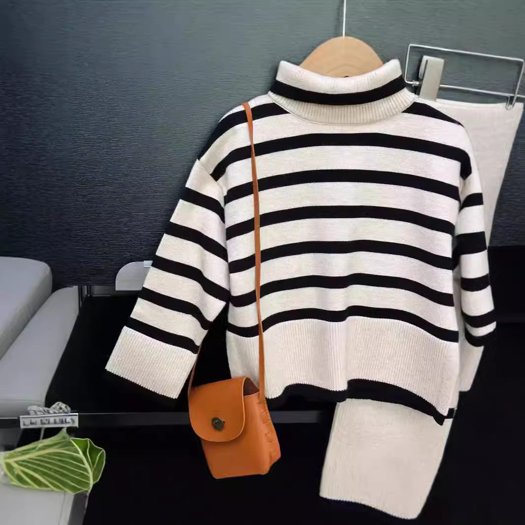 CF25091916童裝韓國版套裝秋季復古條紋毛衣套裝女童套頭毛衣修身闊腿褲