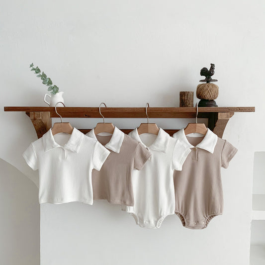 G23051619新款夏季寶寶短袖Polo領純色男女爬爬服