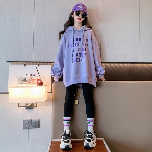 Z25010135女童加絨秋冬款中長款衛衣新款寬鬆中大童冬款加厚一體加絨上衣