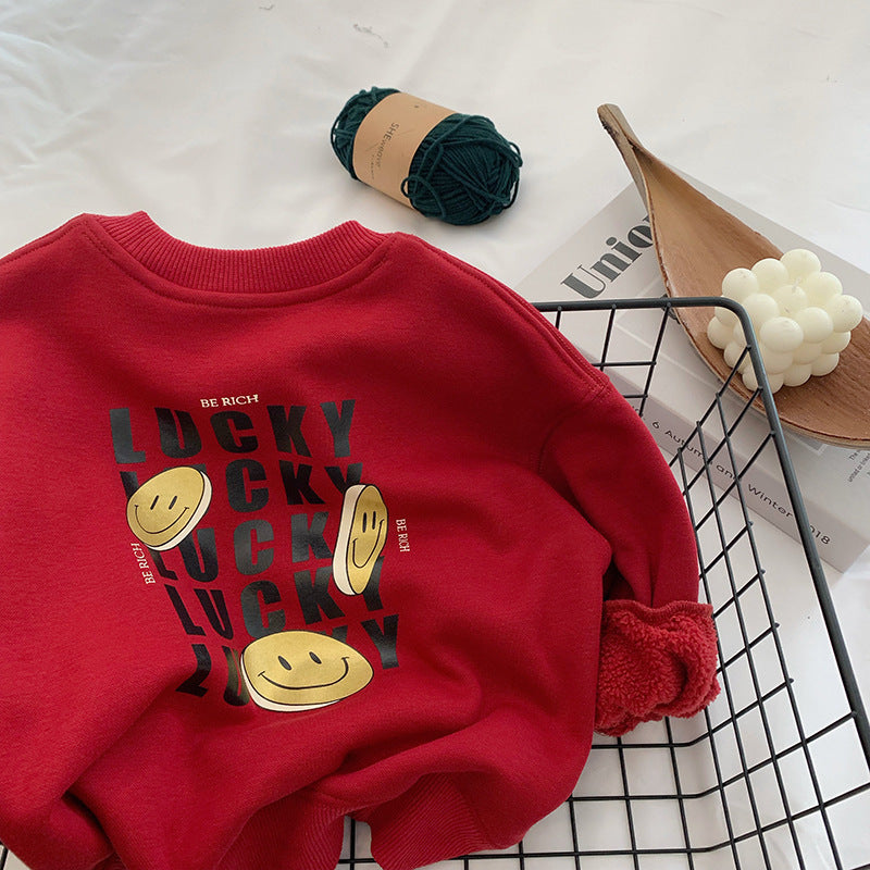 CA24121805兒童新年裝2025蛇年女童圓領加絨衛衣男童喜慶發財紅色上衣一體潮