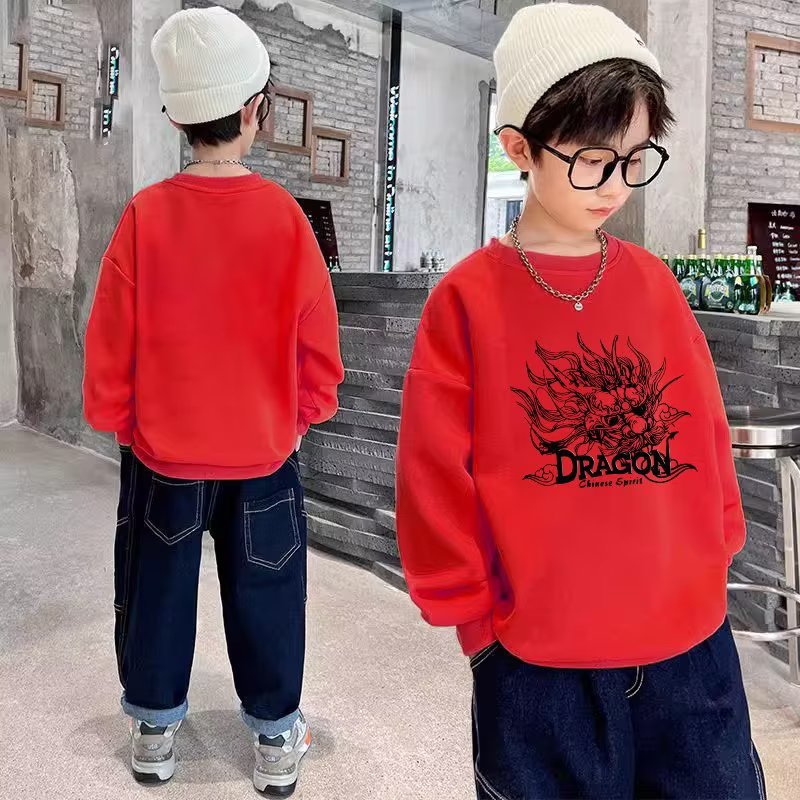 FD24010408男童中國龍中大童圓領衛衣女童打底衫上衣潮兒童2024新春喜氣上衣