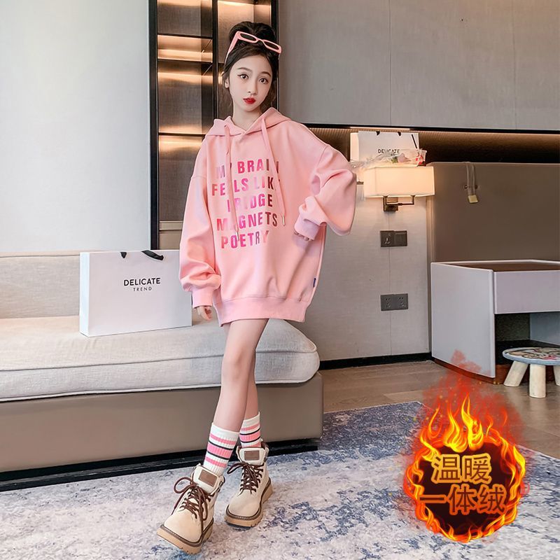 Z25010135女童加絨秋冬款中長款衛衣新款寬鬆中大童冬款加厚一體加絨上衣