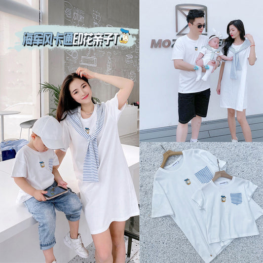 L25041712夏海軍風親子裝一家三四口母子母女媽媽裙嬰兒爬服洋氣短袖潮