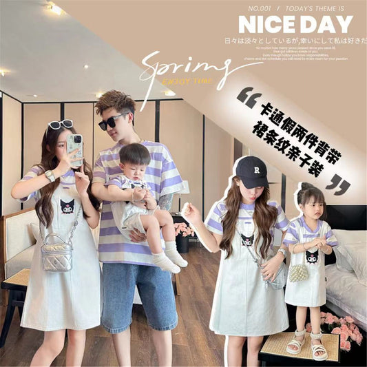 L25041709女童夏季洋裝2025新款韓版一家三口親子短袖拼接假兩件背帶裙潮
