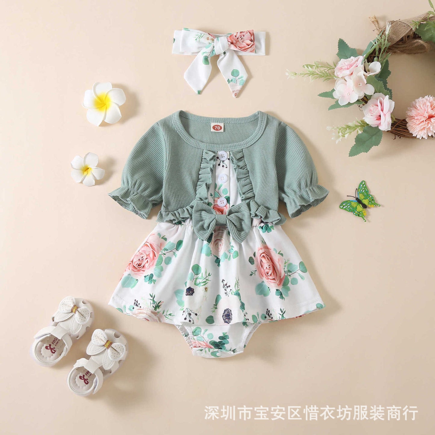 A25072308春夏新款嬰幼兒連身衣女童短袖假兩件蝴蝶結印花裙包屁哈衣
