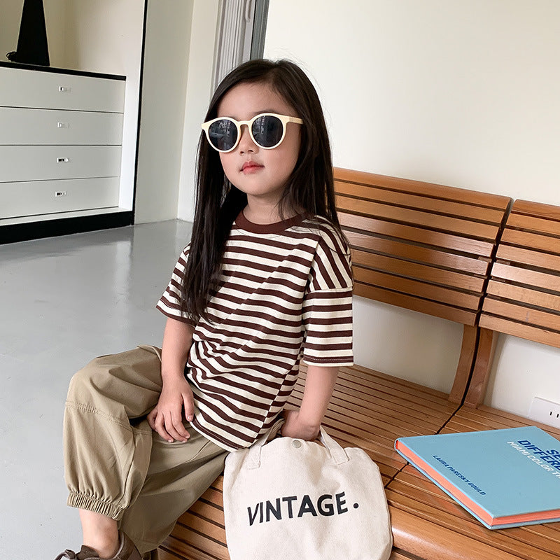 J24022911童T恤2024春季男女童韓版條紋短袖兒童圓領休閒寬鬆上衣
